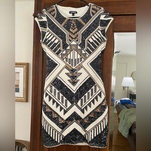 Express Black, Gold, and White Sequin Mini Dress